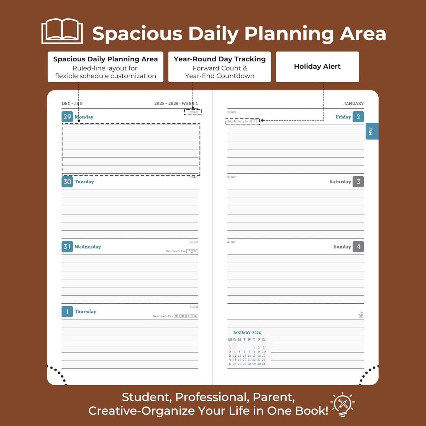 Weekly Monthly 2026 Planner (Jan.26-Dec.26),6.5"x3.75",12 Months Agenda Plan with Month Tabs & Pocket,Expenses/Note Pages, Appointment Book Calendar with Hardcover Vegan Leather Cover,Brown