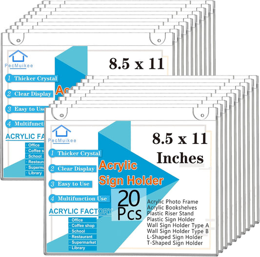 PecMuikee Acrylic Sign Holder 8.5x11 Horizontal, Wall Mount Acrylic Sign Holder and Plastic Paper Display Ad Frame bonus with 3M Tape and Mounting Screws for Restaurants, Office, Store, 20 Pcs