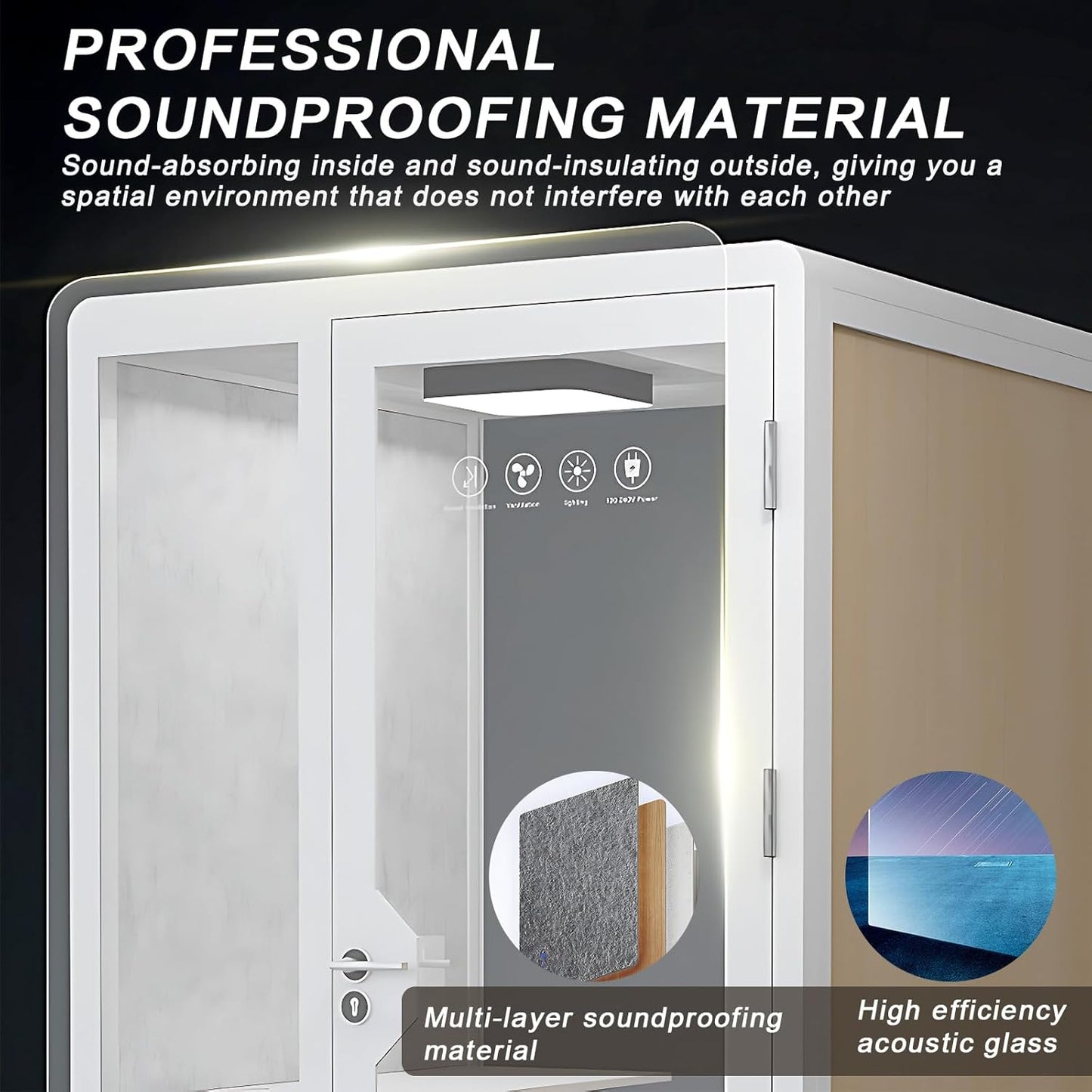Office Sound Booth with Audio Privacy - Removable Soundproof Booth Includes White with Wood Grain Side Trim,Soundproof Room with Light,Fans, Socket for Singing Room,Telephone Booth (51.18IN)