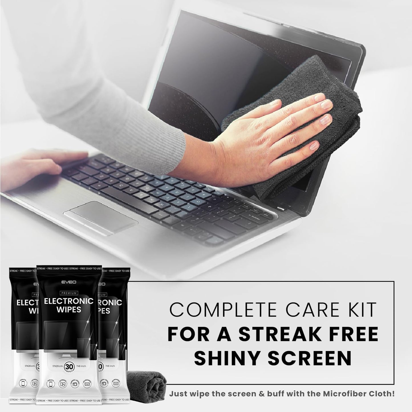 EVEO Electronic Wipes Screen Cleaner - Screen Wipes TV Screen Cleaner Wipes, Computer Screen Wipes, Laptop Screen Cleaner, ipad & Monitor Cleaner, Screen Cleaning Wipes - [90 Wipes + Microfiber Cloth]