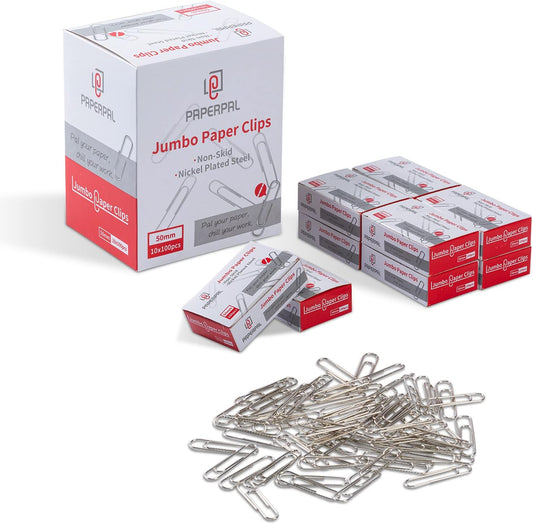 PAPERPAL Paperclips for Office School & Personal Use, Jumbo Nonskid Paper Clip (2"), 1000 Large Paper Clips (10 Boxes of 100 Each), Silver