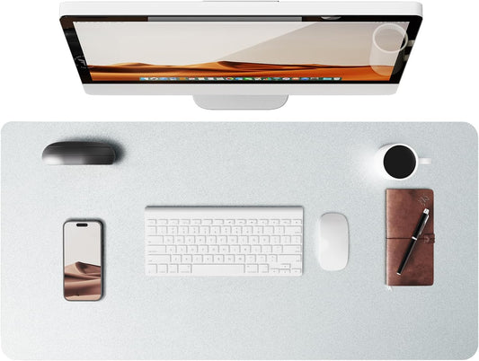 YSAGi Leather Desk Pad Protector, Office Desk Mat, Large Mouse Pad, Non-Slip PU Leather Desk Blotter, Laptop Desk Pad, Waterproof Desk Writing Pad for Office and Home (Silver, 31.5" x 15.8")