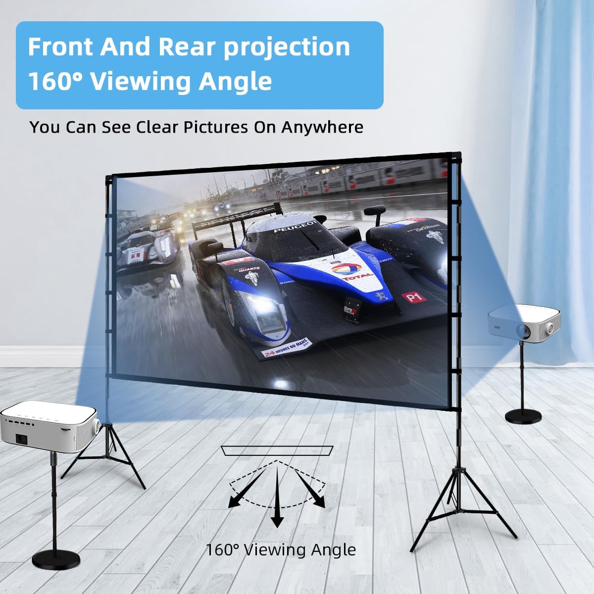 Projector Screen and Stand, Towond 120 inch Portable Projector Screen Indoor Outdoor Movie Screen 16:9 4K HD Wrinkle-Free Lightweight Projection Screen with Carry Bag for Backyard Movie Night