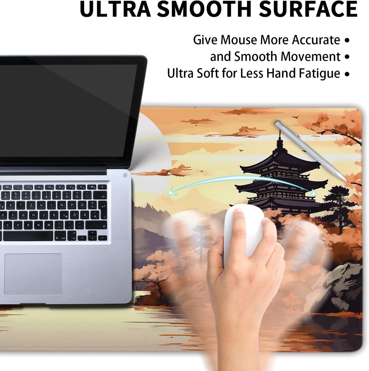 Orange Japanese Sakura Gaming Mouse Pad XL Yellow Cherry Blossom Mountain Aesthetic Large Desk Mat Big Mousepad Non-Slip Rubber Base Stitched Edge Long Desk Pad for Desktop Computer,31.5×11.8 in