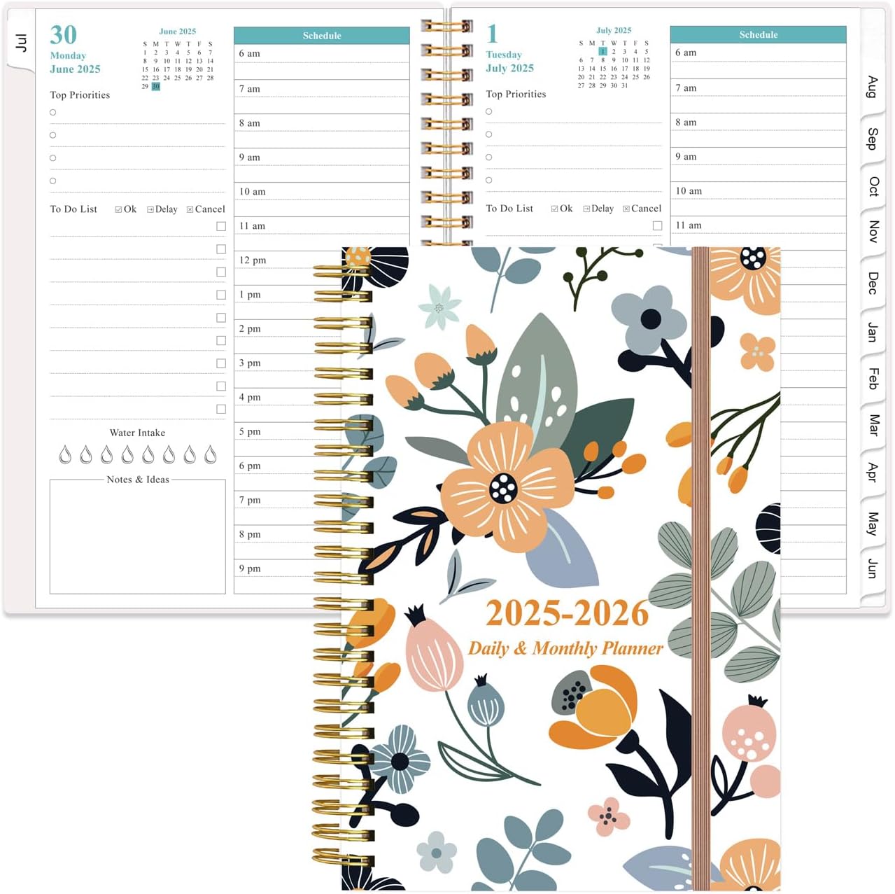2025-2026 Daily & Monthly Planner - One Page Per Day, Daily Planner from July 2025 to June 2026, Planner 2025-2026 with 12 Monthly Tabs, 6.4" x 8.5", Rose Flower
