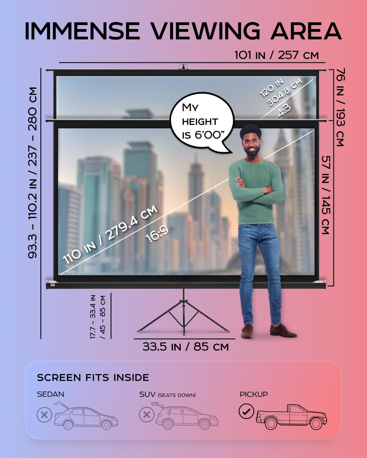 PropVue Projector Screen with Stand 120 inch - Indoor and Outdoor Projection Screen for Movie or Office Presentation - 4:3 HD Premium Wrinkle-Free Tripod Screen