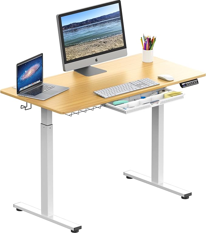 SHW 48-Inch Electric Height Adjustable Standing Desk with Drawer, Memory Preset and Cable Management Tray, Oak