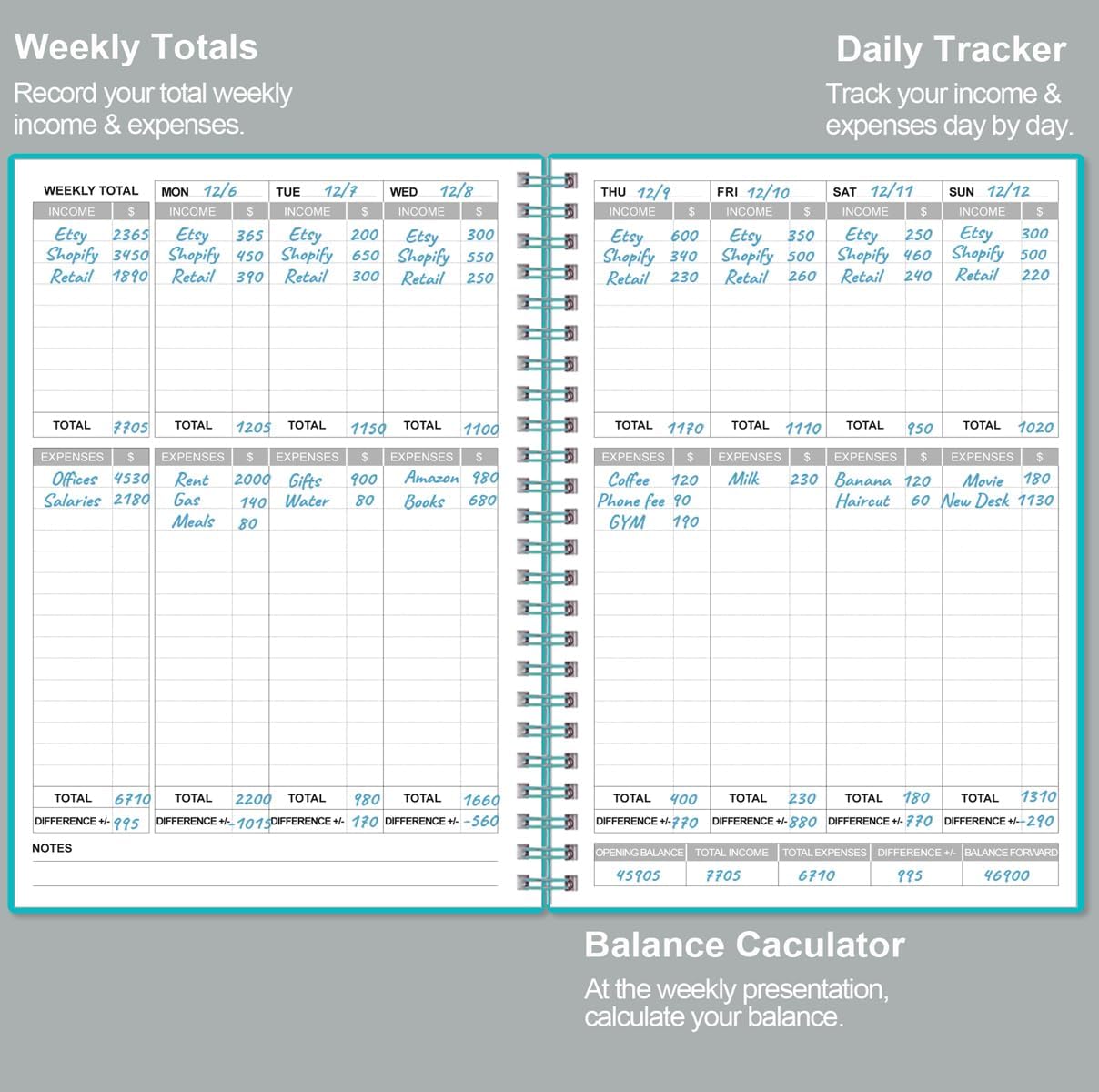 Heveboik Income & Expense Log Book - A5 Income and Expense Tracker for Small Business, Accounting Bookkeeping Tracking for Woman and Man, 5.8" x 8.3", Teal