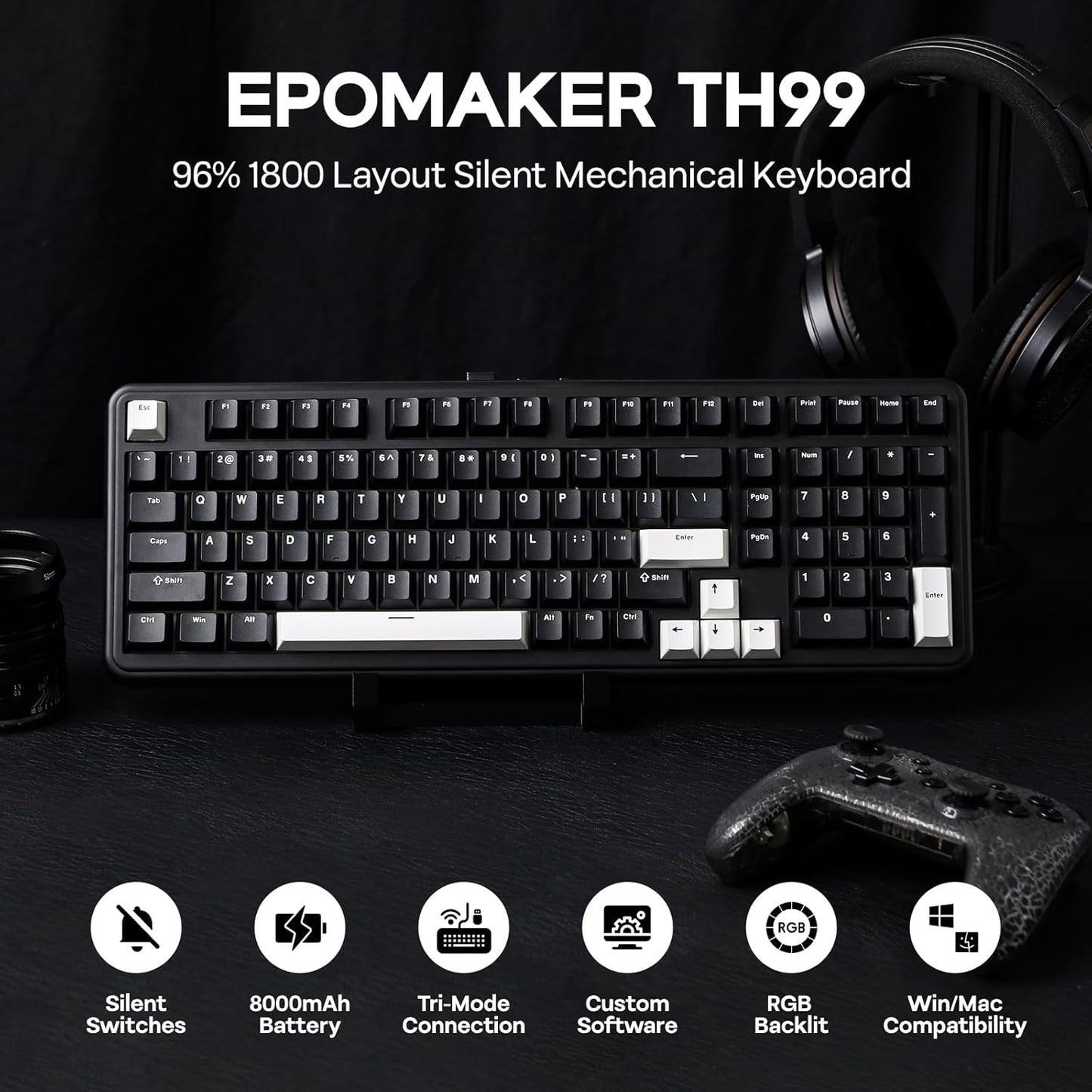 EPOMAKER TH99 Wireless Mechanical Keyboard with Lubed Silent Switch, Quiet Gaming Keyboard, 8000mAh,Creamy Gasket,RGB Backlit,Numpad,PBT Keycap,Hot Swappable,for Gamers/Office (Black)