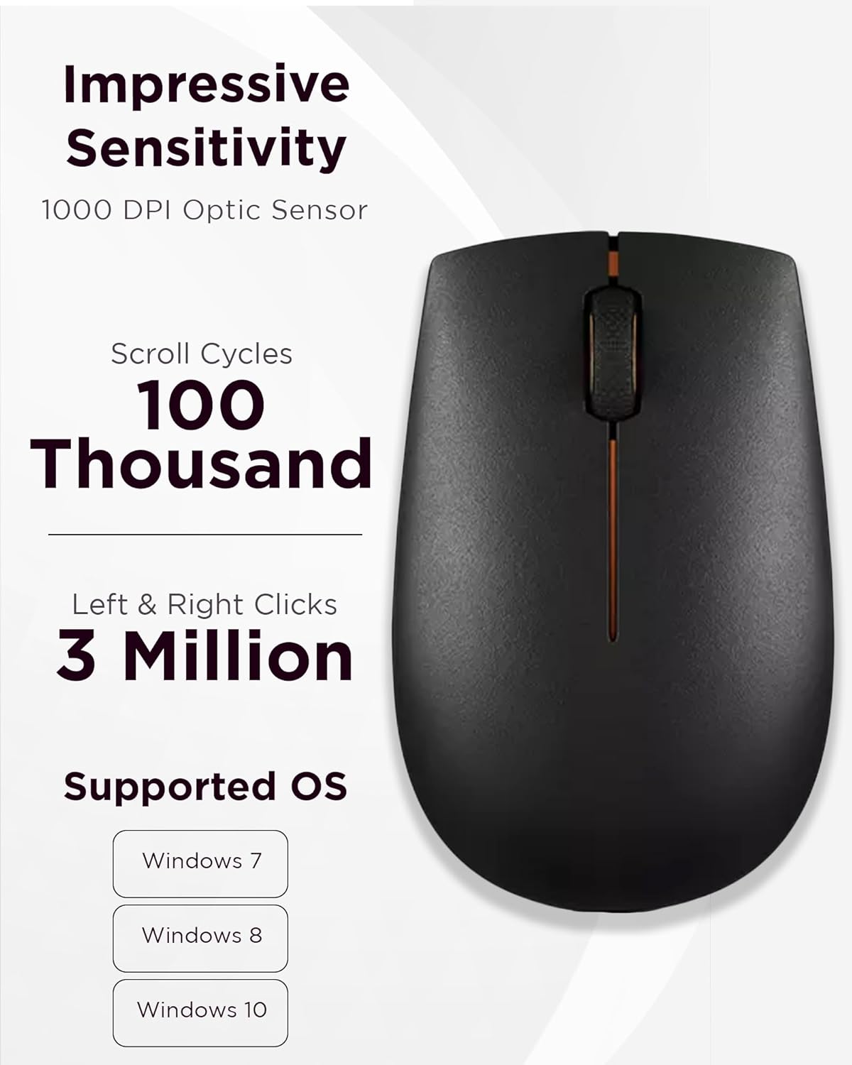 Lenovo 300 Wireless Mouse – Computer Mouse for PC, Laptop with Windows – Ambidextrous Design – 2.4 GHz Nano USB Receiver – 12 Month Battery Life