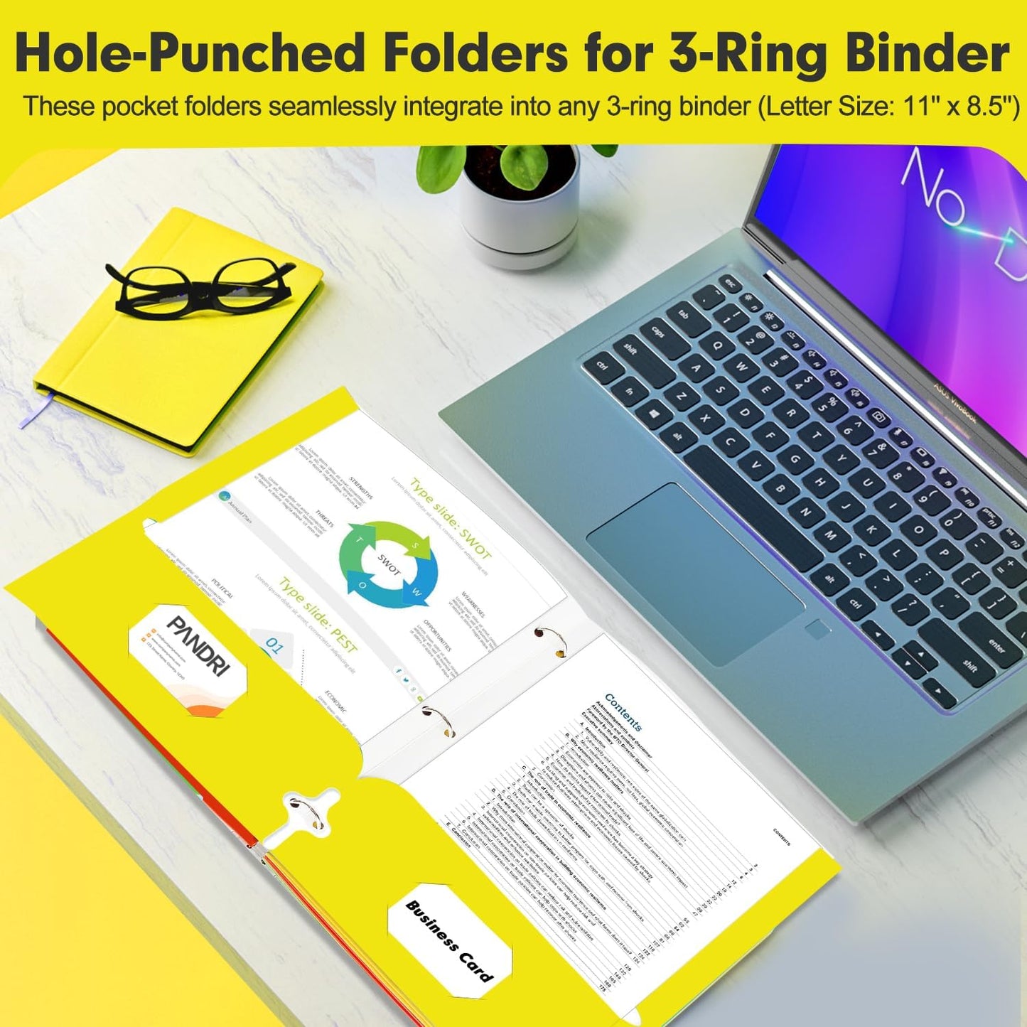 Two Pocket Portfolio Folders, PANDRI 60 Pack 3 Hole Punched 2 Pocket Folders for 3 Ring Binder, Letter Size Paper File Folder for School Office Home Business, Yellow