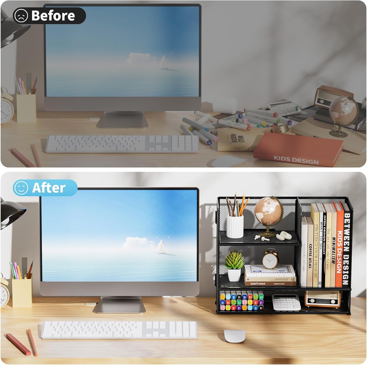 Marbrasse 3-Tier Desk Shelf Organizer with Handle, Desktop Bookshelf File Holder, Mesh Display Shelf Organizer Storage Rack for Office, Home, Supplies, Kitchen (Black)