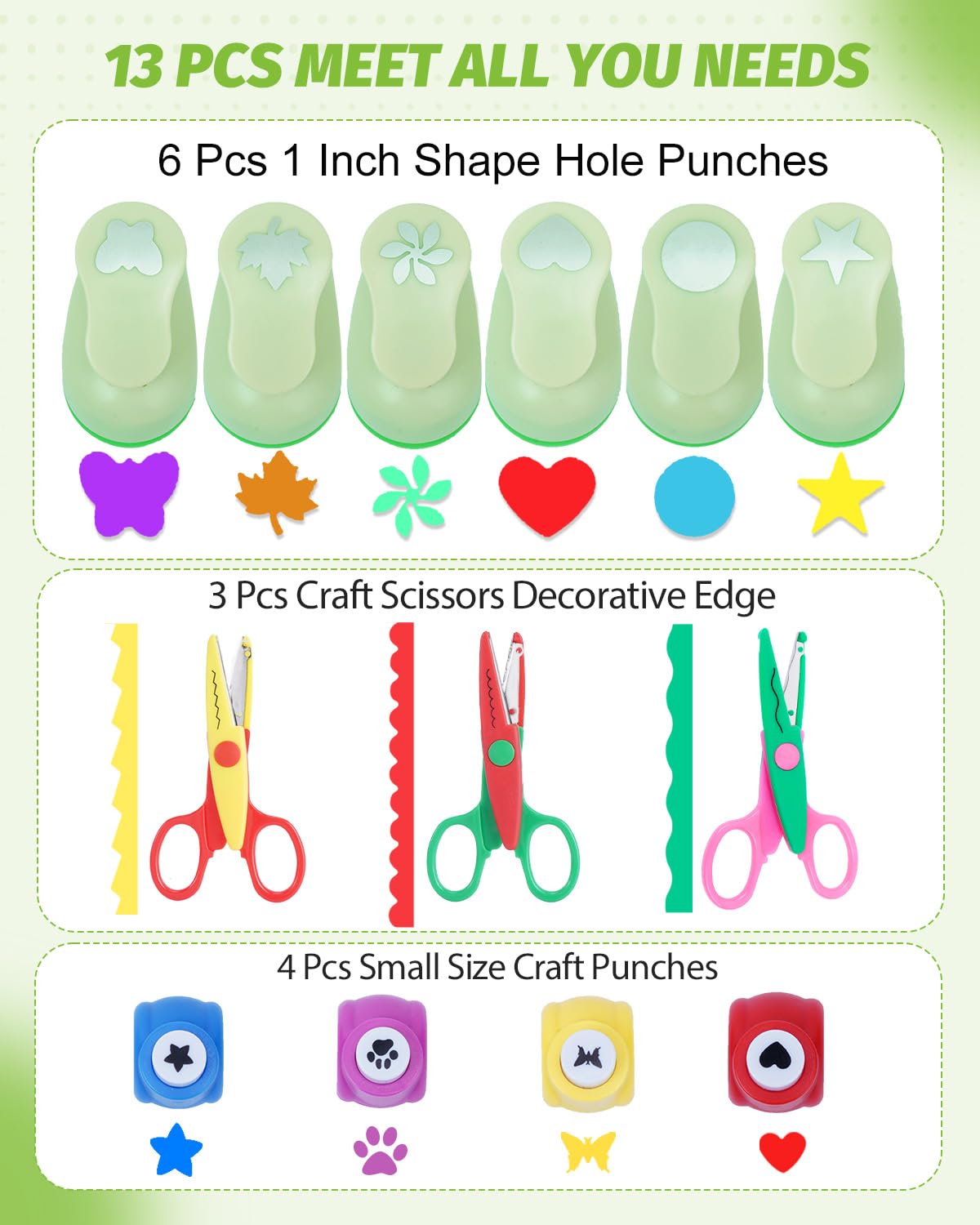 UCEC Paper Punches for Crafting, 3 Pcs Craft Scissors Decorative Edge, 6 Pcs 1 Inch Paper Puncher, 4 Pcs 3/8 inch Hole Punch, Circle Heart Star Shapes Puncher Scissors Sets
