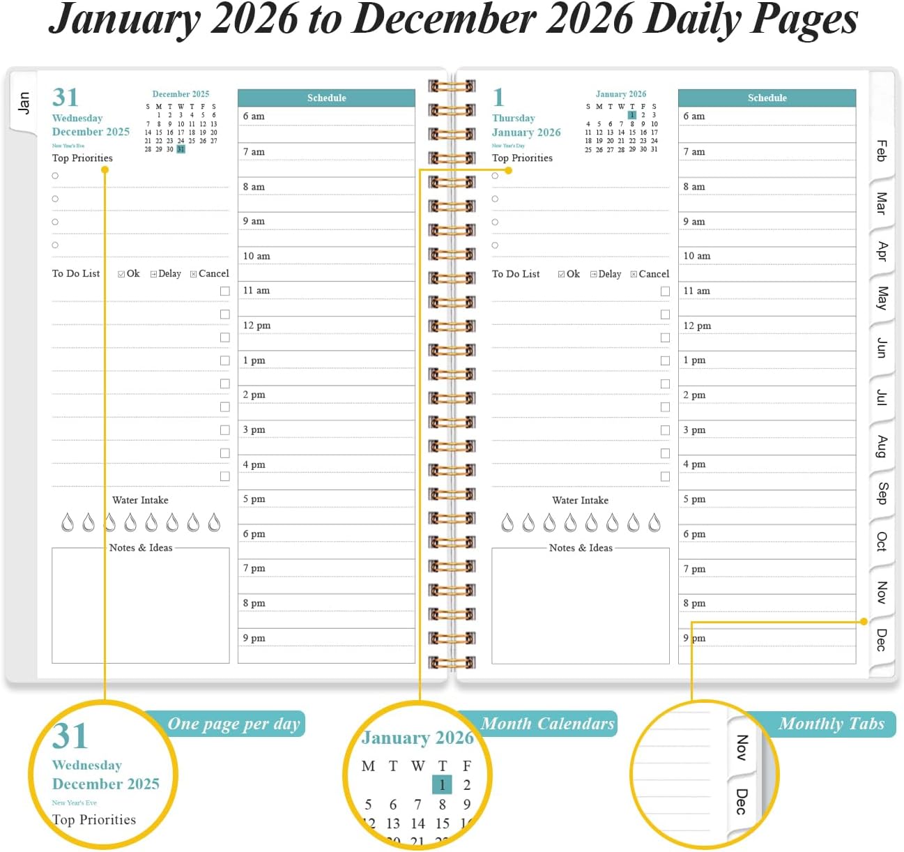 2026 Daily & Monthly Planner - One Page Per Day, Daily Planner 2026 from January 2026 to December 2026, Planner 2026 with 12 Monthly Tabs, 6.4" x 8.5", Flower-A
