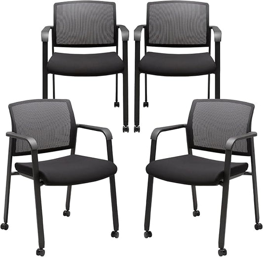 CLATINA Mesh Back Guest Reception Arm Chairs with Wheels, Waiting Room Chairs with Upholstered Fabric Seat and Ergonomic Lumbar Support for Office