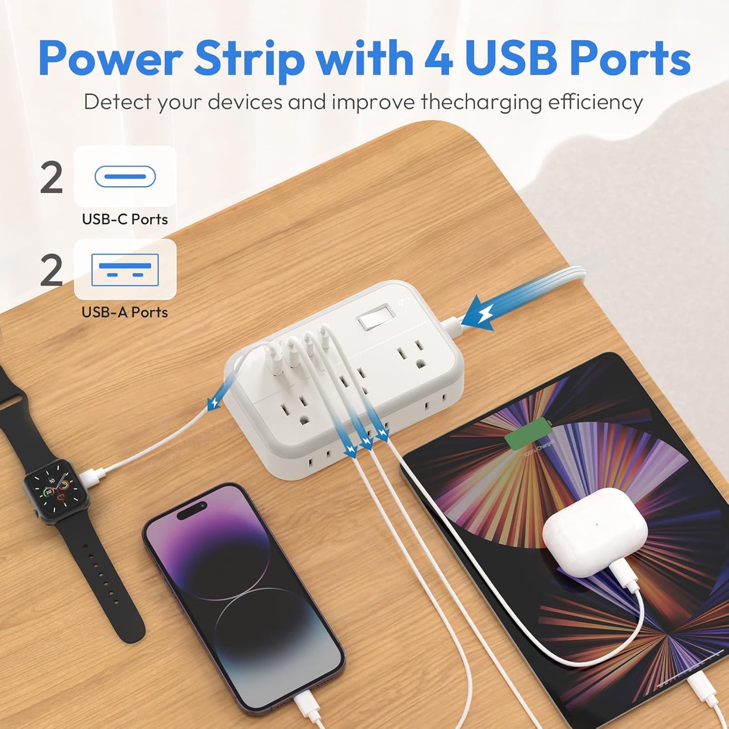 Surge Protector Power Strip 10 ft, Flat Plug Extension Cord with 6 Outlets 4 USB Ports, Outlet Extender Long Cord, Overload Protection, Extension Cord with Multiple Outlets for Indoor, Home, Office