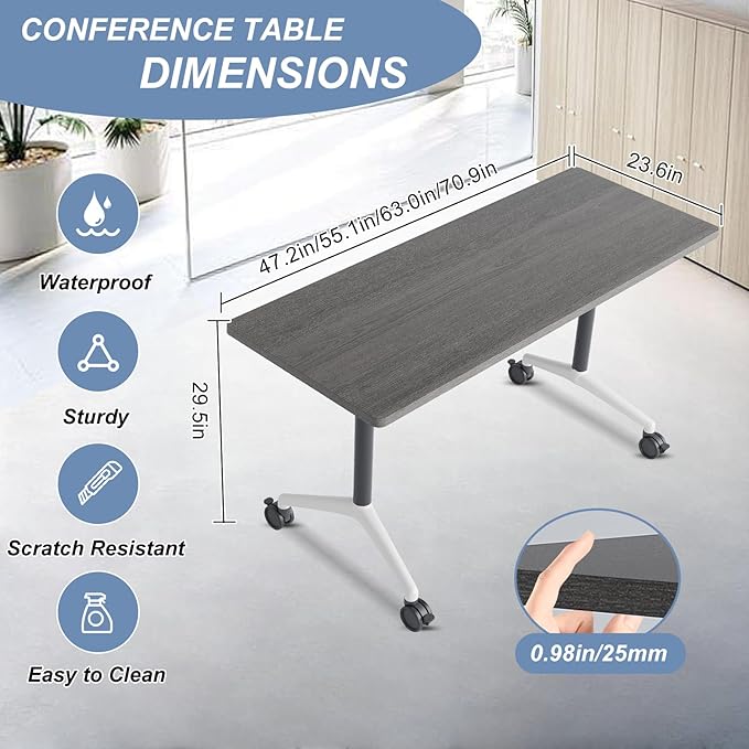 Folding Conference Table, Mobile Training Table for Office Conference, Modern Modular Rectangular Work Desk Meeting Seminar Work Tables with Caster Wheels, Large Breakroom Tables (8Pack L70.9in)