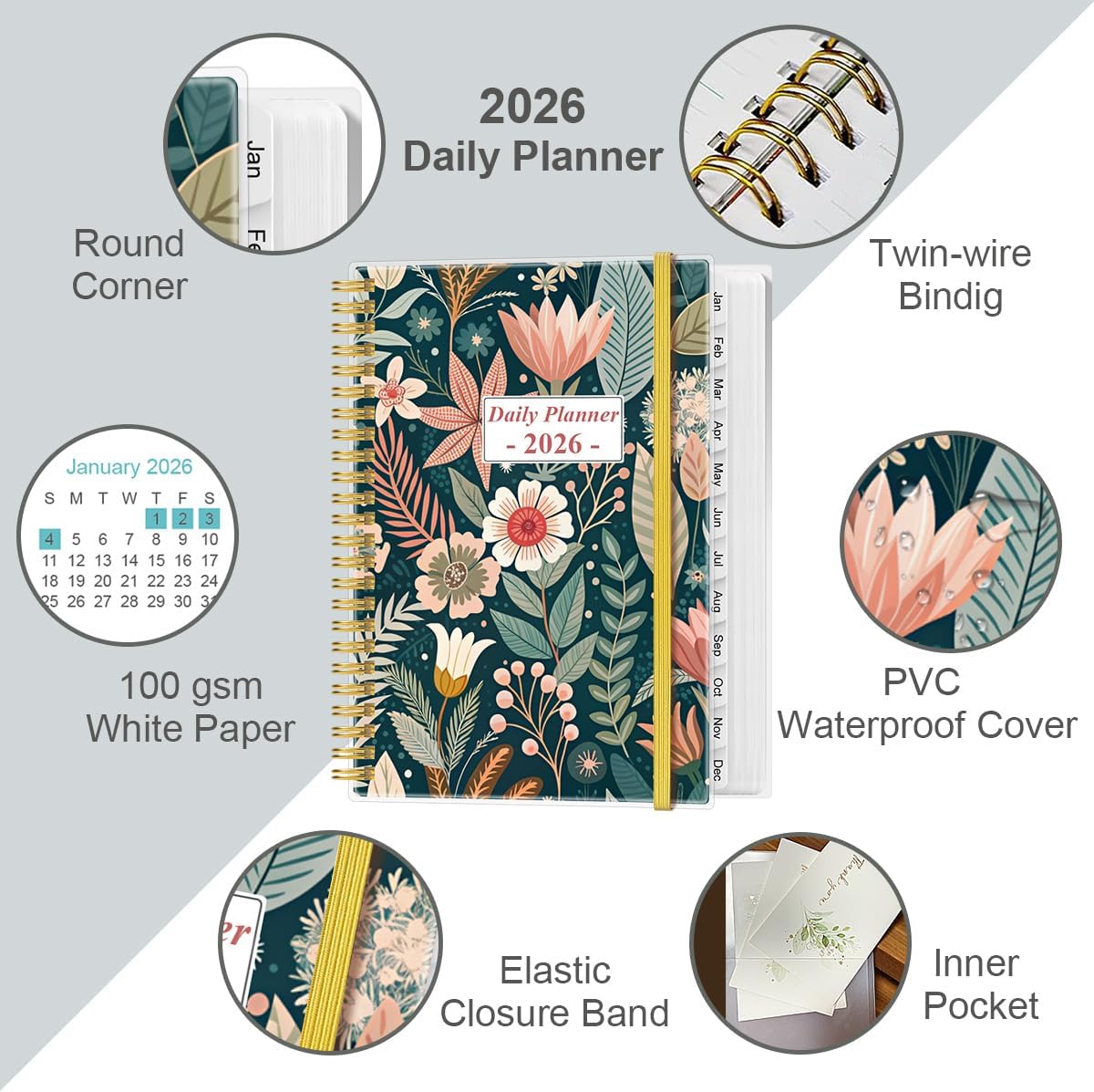 2026 Daily & Monthly Planner - One Page Per Day, Daily Planner 2026 from January 2026 to December 2026, Planner 2026 with 12 Monthly Tabs, 6.4" x 8.5", Flower-B