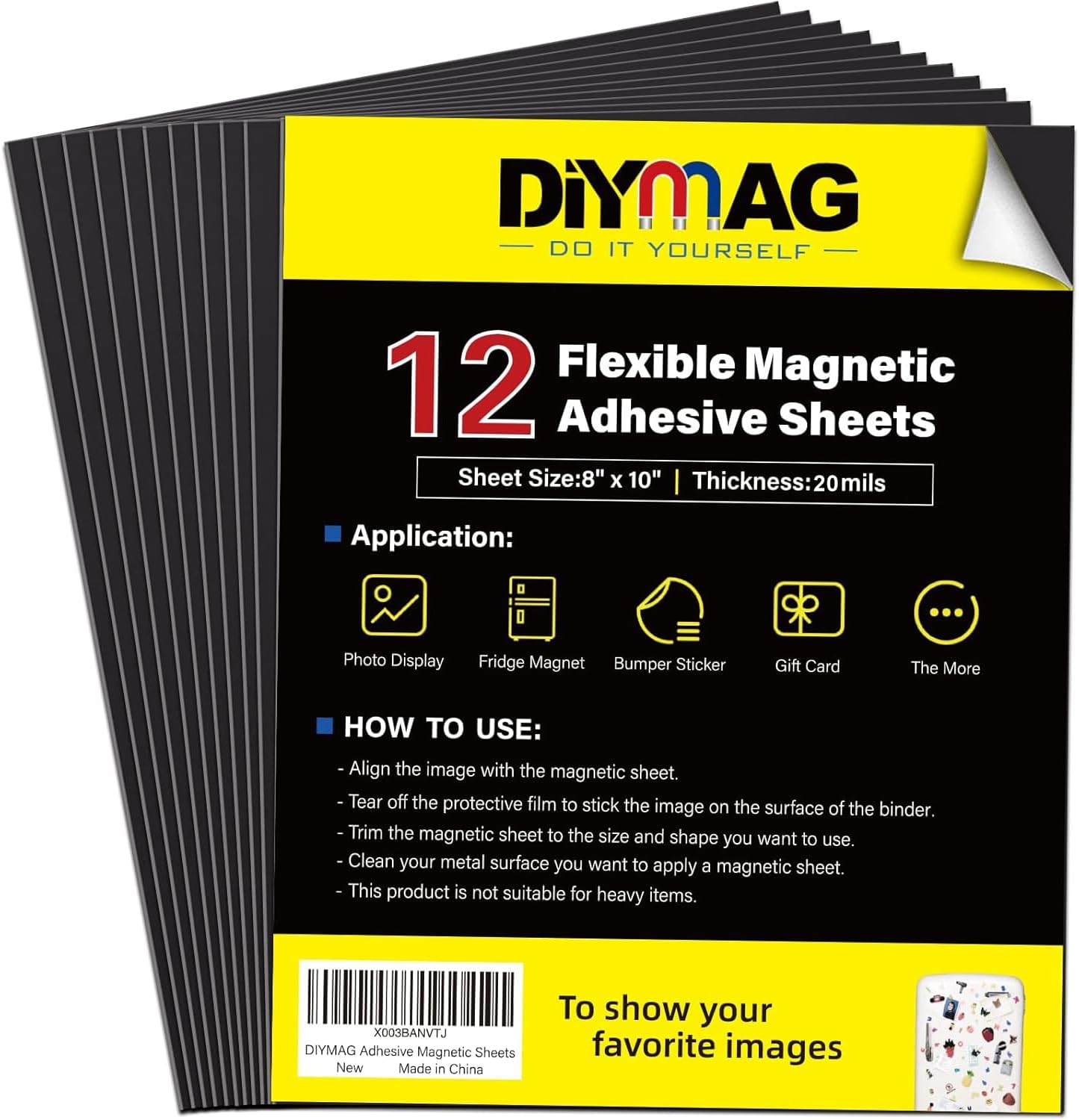 DIYMAG Magnetic Adhesive Sheets, |8" x 10"|, 12 Pack Flexible Magnetic Sheets with Adhesive Backing for Crafts, Photos and Pattern Storage, Easy to Peel and Stick