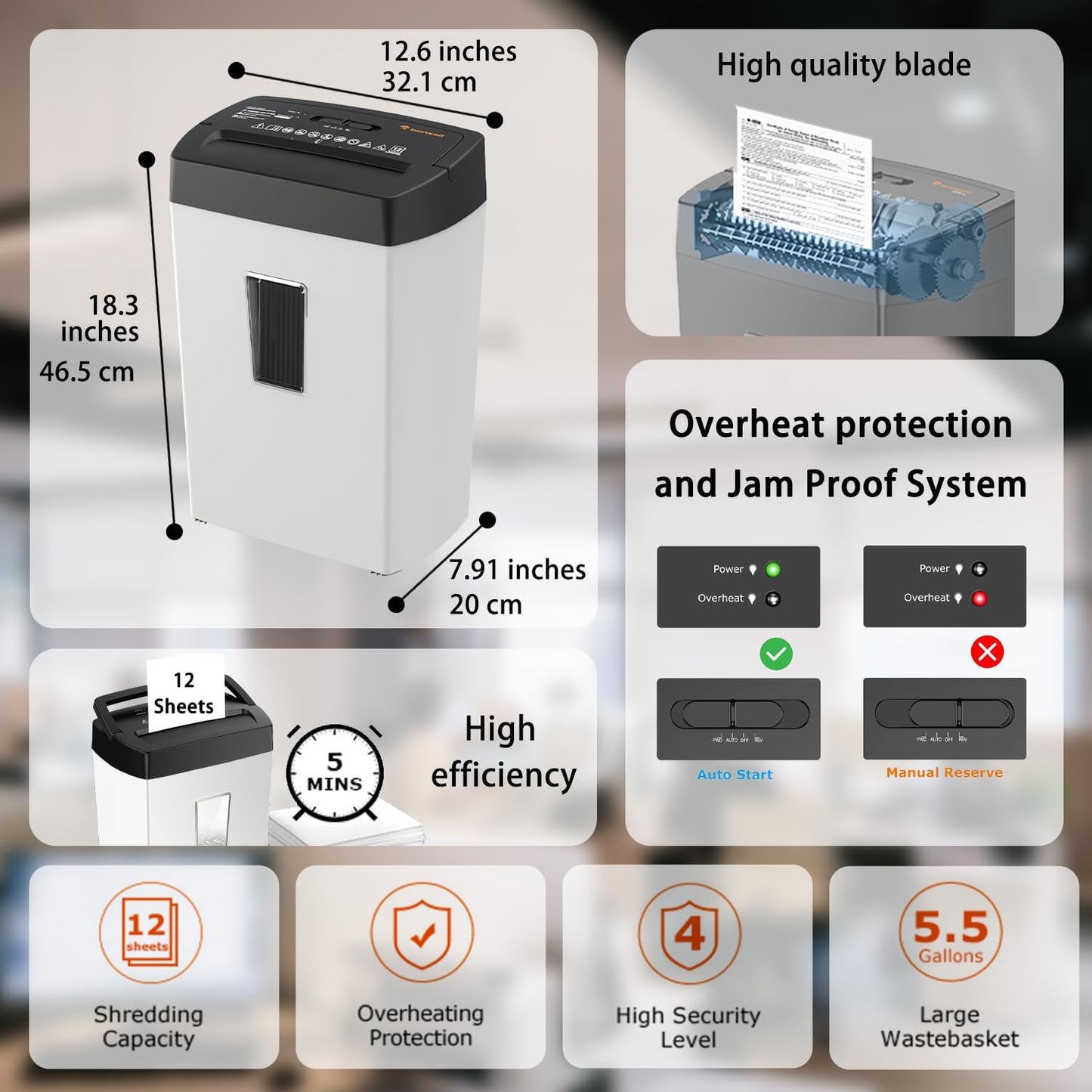 Bonsaii 12-Sheet Cross Cut Shredder, P-4 High Security, 5.5 Gal, Heavy Duty for Home Office, Shreds Paper, Credit Card, Mail, Staples, with Transparent Window, White & Black (C275-A)