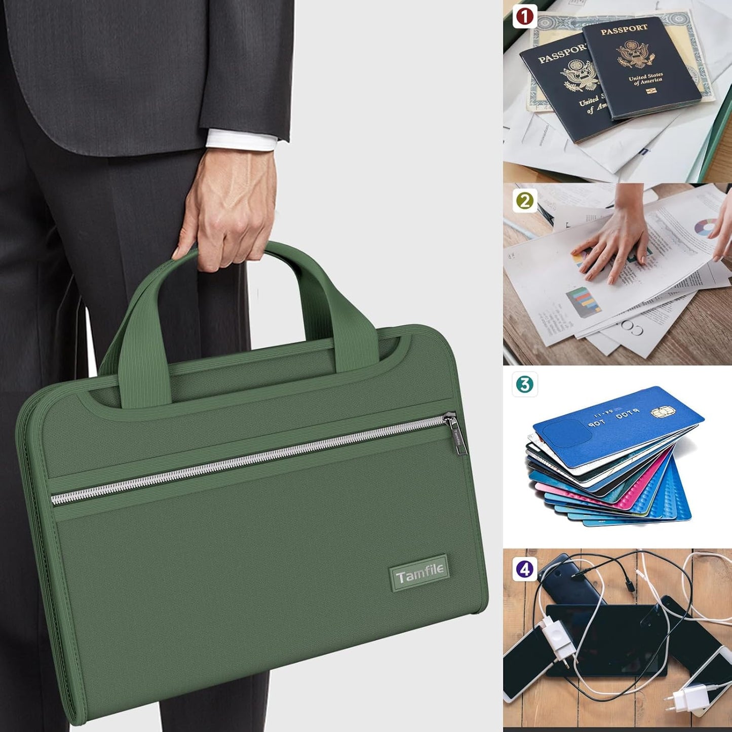 Tamfile Fireproof Accordion File Organizer with Handle, 13 Pocket Expanding File Folder with Zipper & Labels, File Folder with Multi-Pockets Paper Organizer Folder for Letter A4 Files, Green