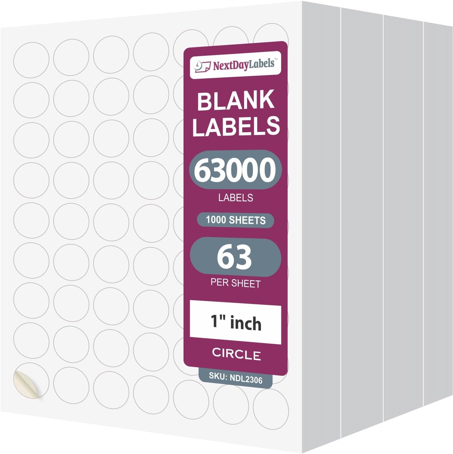 NextDayLabels - 1 Inch Round Labels - Matte White, Blank Circle Stickers for Laser/Inkjet Printers (1000 Sheets, 63000Labels)