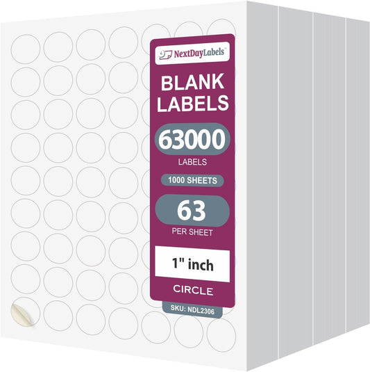 NextDayLabels - 1 Inch Round Labels - Matte White, Blank Circle Stickers for Laser/Inkjet Printers (1000 Sheets, 63000Labels)
