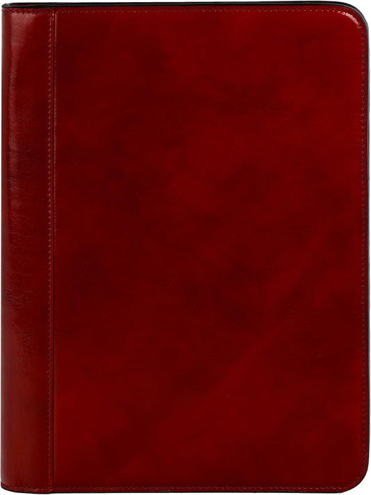 Time Resistance Leather Portfolio - A4 Document Folder - Italian Handcrafted Padfolio Organizer (Red) - Gift Box Included