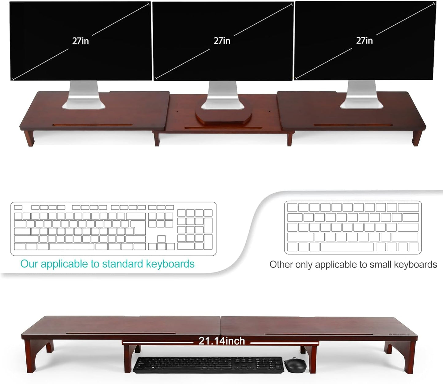Nnewvante Monitor Stand Riser, Upgrade Height Large TV Riser, 60 inch Large Bamboo Dual Monitor Stand for Desk, 3 Shelves Desktop Screen Riser with Adjustable Length Angle for Computer Laptop Walnut