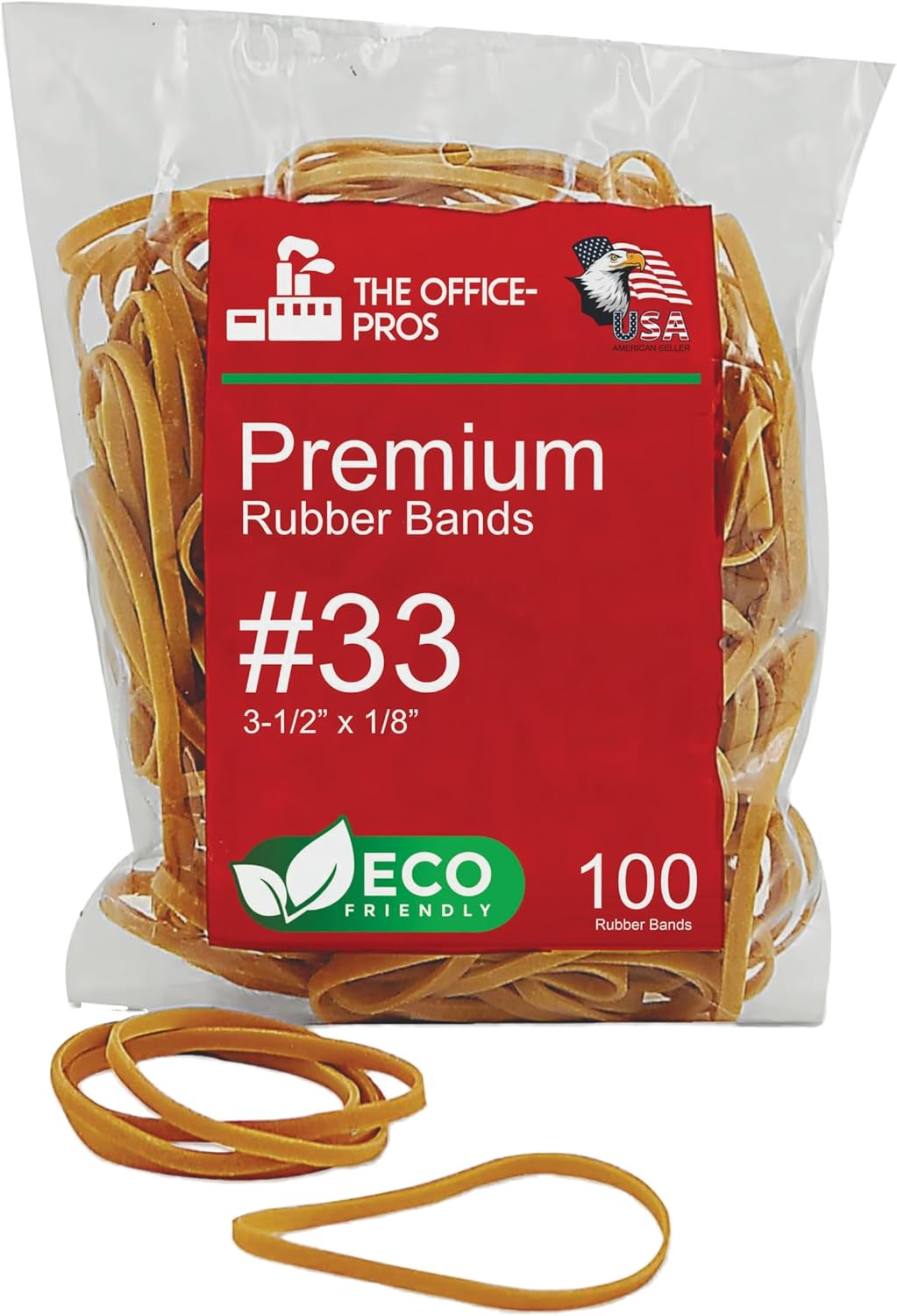 Rubber Bands, Eco Friendly Packaging, Size #33, Natural Crepe, Made in USA, Rubber Band Measurements: 3-1/2" x 1/8'' - 100 Bands