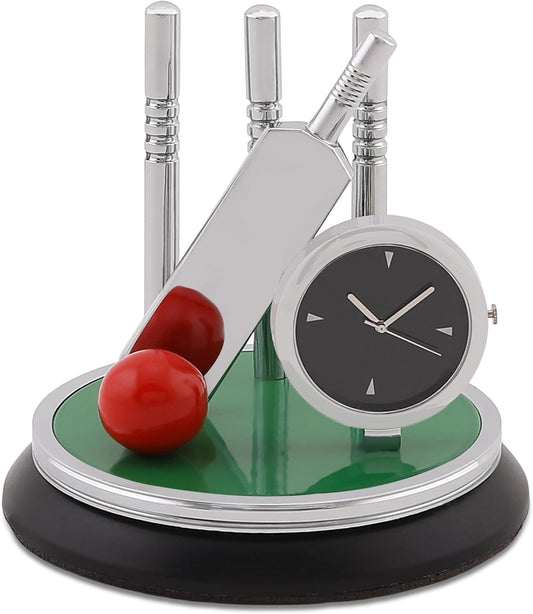 Metal Cricket Kit Style Table Clock, Silver Finish Clock with Bat, Ball & Stumps, Battery Operated Desk Showpiece, Paperweight for Office, Home Decor, Gift for Cricket Lovers