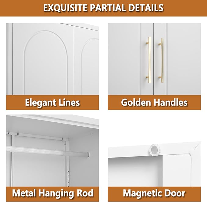 Metal Armoire Wardrobe Closet witih Two Drawers, 71" Tall Large Wardrobe Cabinet with Hanging Rod, Clothing Storage Cabinet with Doors and Shelves for Bedroom, White, Assemble Required