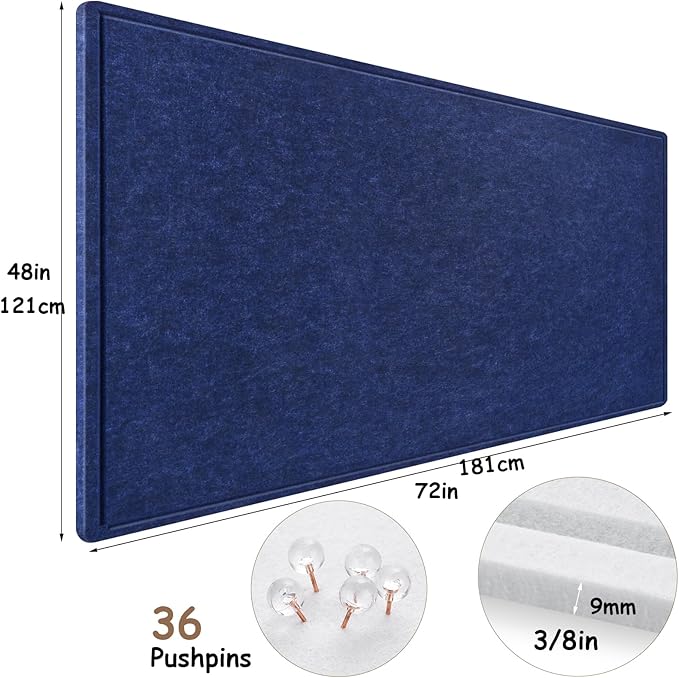 Large Bulletin Board, 72x48 Inches Cork Board Alternative, Large Felt Board Decorative Pin Board for Wall, Foldable Photo Board Self-Adhesive Vision Board with 36 Pushpins Dark Blue