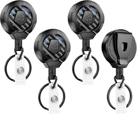 MNGARISTA Upgraded Heavy Duty Retractable Keychain with Belt Clip, 10 OZ Retraction, 31.5" Stainless Steel Cord Key Chain, 3K Carbon Fiber ID Badge Reel Holder with Badge Strap and Key Ring, 4 Pack