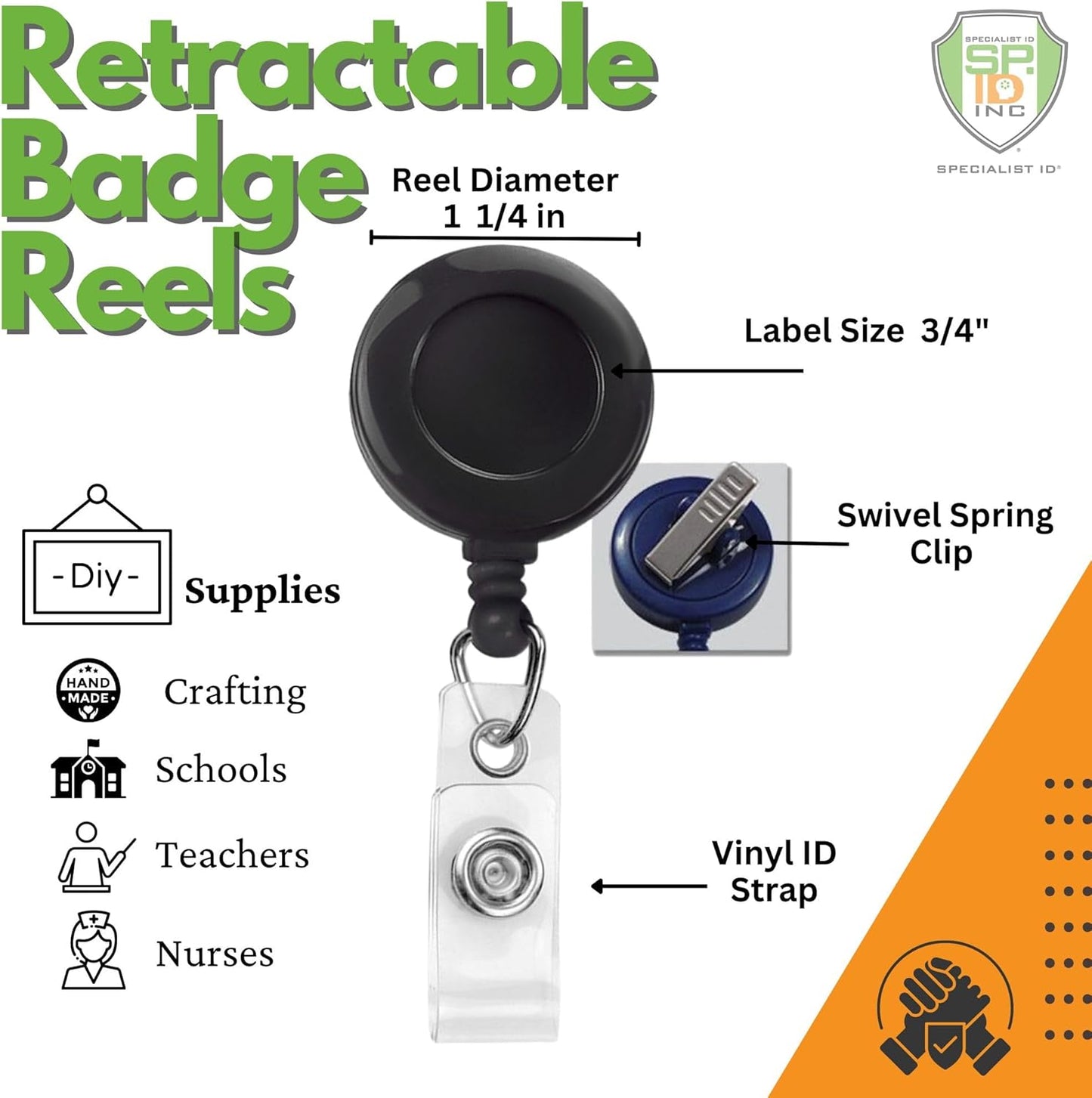 Bulk 100 Pack - Bulk Premium Black Retractable Name Badge Reels with Alligator Swivel Clip & Vinyl Card Holder Strap by Specialist ID