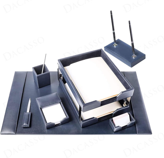 Dacasso Navy Blue Bonded Leather Luxury 9-Piece Desk Set - Blotter Pad & Desk Organization Essentials - Executive Decor and Surface Protector