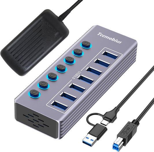 Powered 7-Port USB 3.0 Hub, USB C to 7 Ports USB Data Hub Splitter with Individual LED On/Off Switche, 3.3FT Cable, 12V/3A Power Adapter, for Laptop MacBook Pro/Air PC (Aluminum Gary)