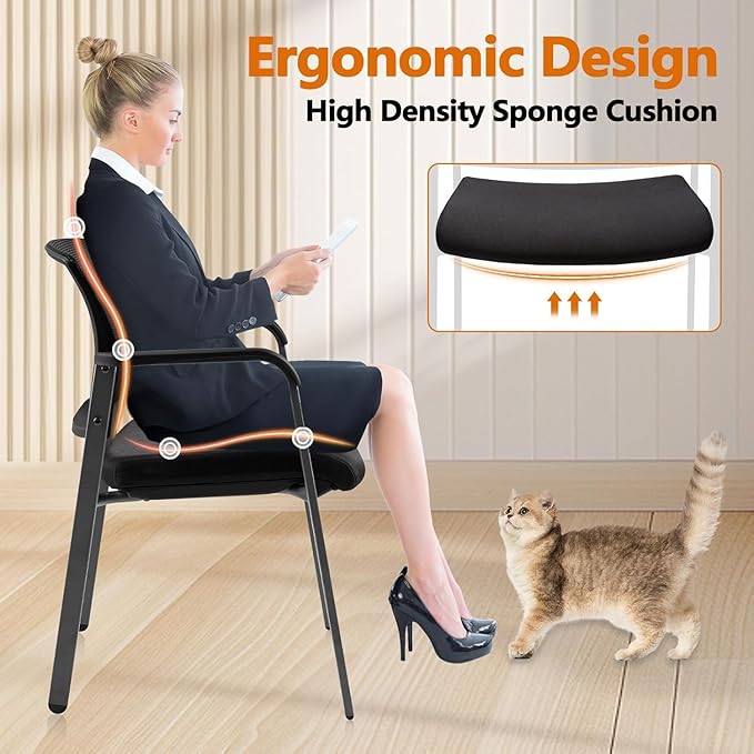 CLATINA Mesh Back Stacking Arm Chairs with Upholstered Fabric Seat and Ergonomic Lumbar Support for Office School Church Guest Reception Black 8 Pack Set New Version