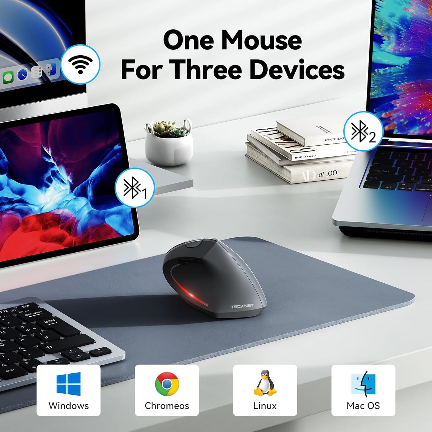 TECKNET Ergonomic Mouse, Wireless Bluetooth Vertical Mouse, 4800 DPI Optical Tracking, 6 Adjustable DPI, Quiet Clicks, 2.4GHz with USB A Receiver, 12 Months Battery, 6 Buttons, Wide Compatibility