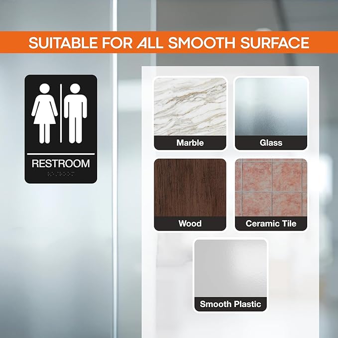 ADA Braille Unisex Restroom Signs for Business with Double Sided 3M Tape - ABS Plastic Gender Neutral Bathroom Sign 9” x 6”- Pack of 10 for Offices and Restaurants