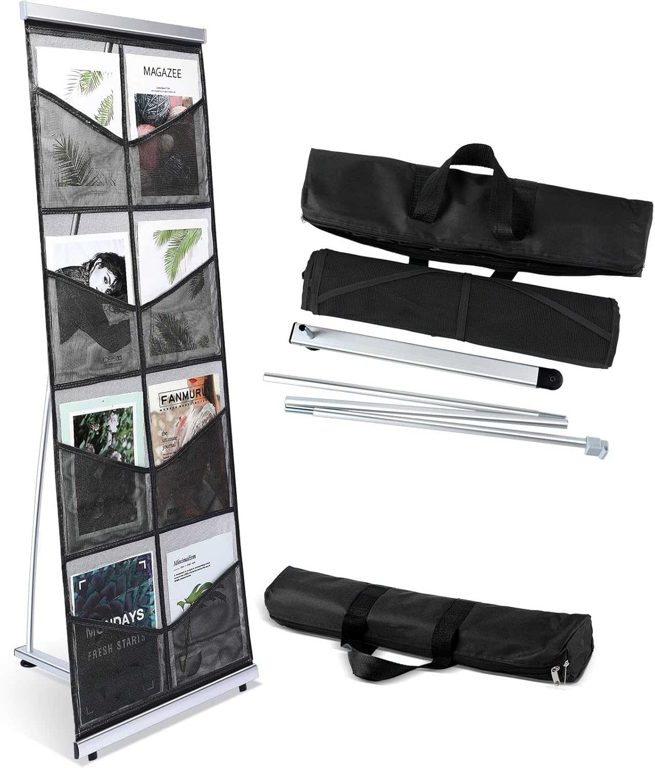 Outus Mesh Literature Brochure Holder with 8 Pocket Portable Magazine Display Roll Up Magazine Rack Lightweight Floor Standing Catalog Office Brochure Display Stand for Business Trade Shows (Black)