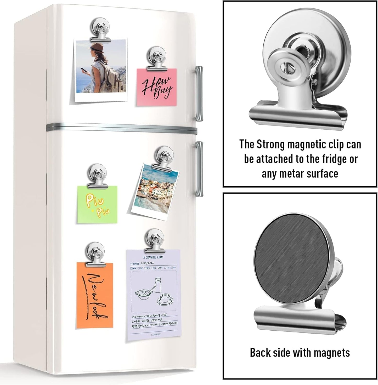 FINDMAG 48 Pack Magnetic Clips for Photo and Picture Display, Strong Scratch-Free Fridge Magnets, Heavy Duty Metal Clips for Picture Hanging, Kitchen, Office, Whiteboard, Silver.