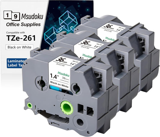 Tape 3 Pack TZe-261 TZe261 TZe 261 TZ 36mm 1.42 Inch Laminated White Tape, Compatible with Brother Label Maker P Touch Tape for PT 530 550 3600 P900W Label Makers, Black on White