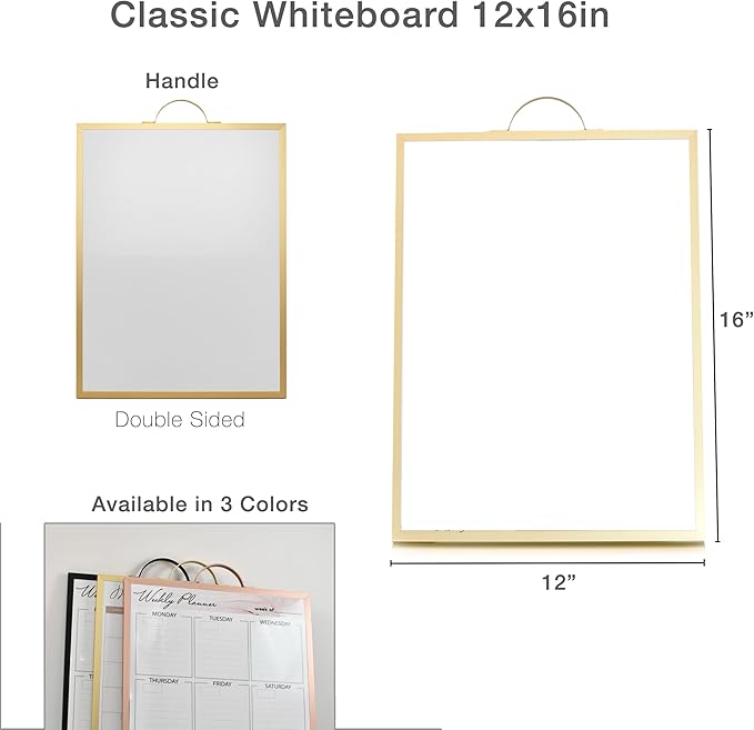 Small Whiteboard 12 x 16 Inch Magnetic Dry Erase Board with Handle | Gold Aluminum Frame | Double-Sided Portable Desktop Board | 2 Markers, Eraser & 2 Magnets