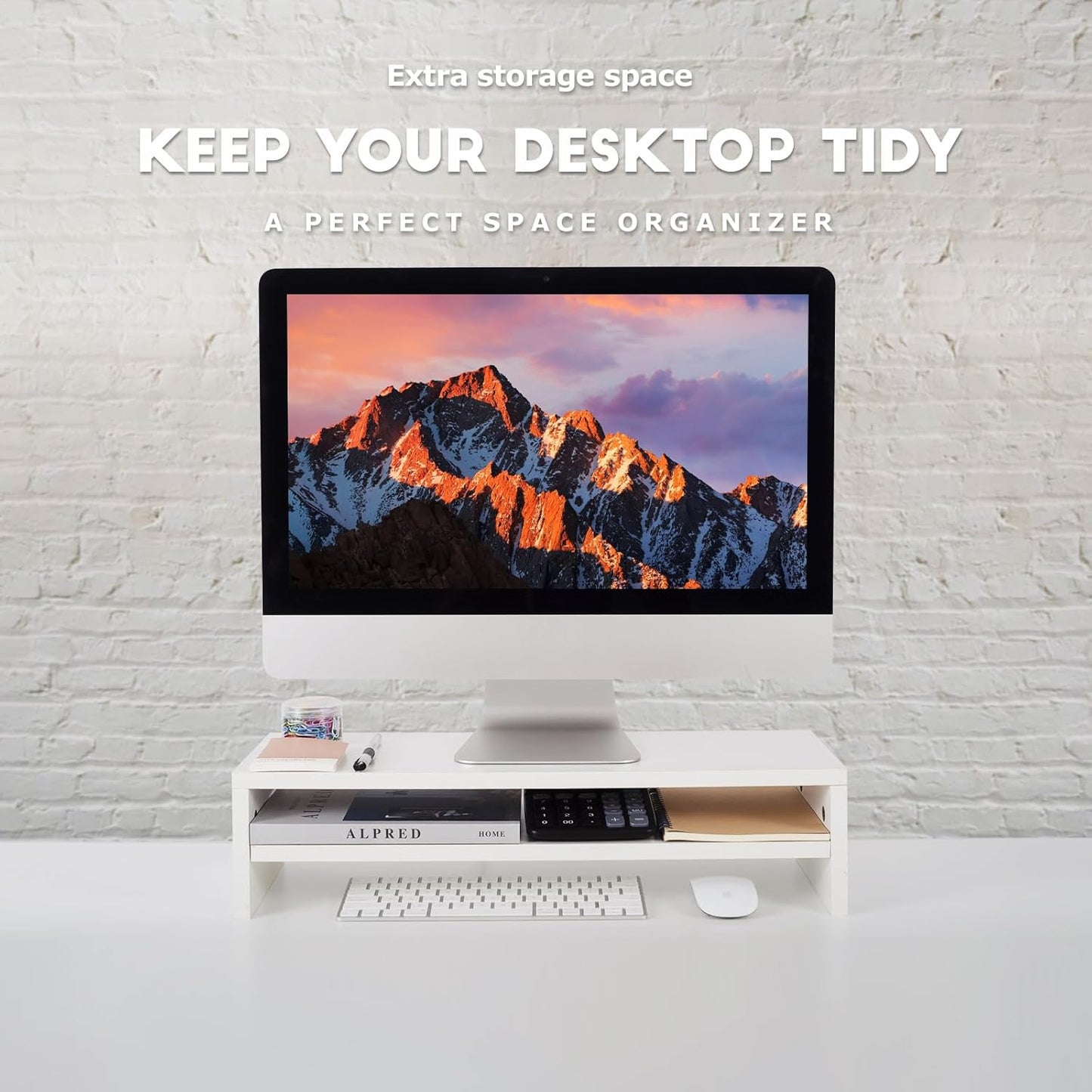 BEYGORM Monitor Stand Riser White, 21.6 inch 2 Tiers Wood Desk Shelf Computer Screen Stand with Storage for Desktop Laptop/Screen/TV/PC/Printer, Desk Shelf Organizer 21.6" L x 7.8" W x 5.2" H