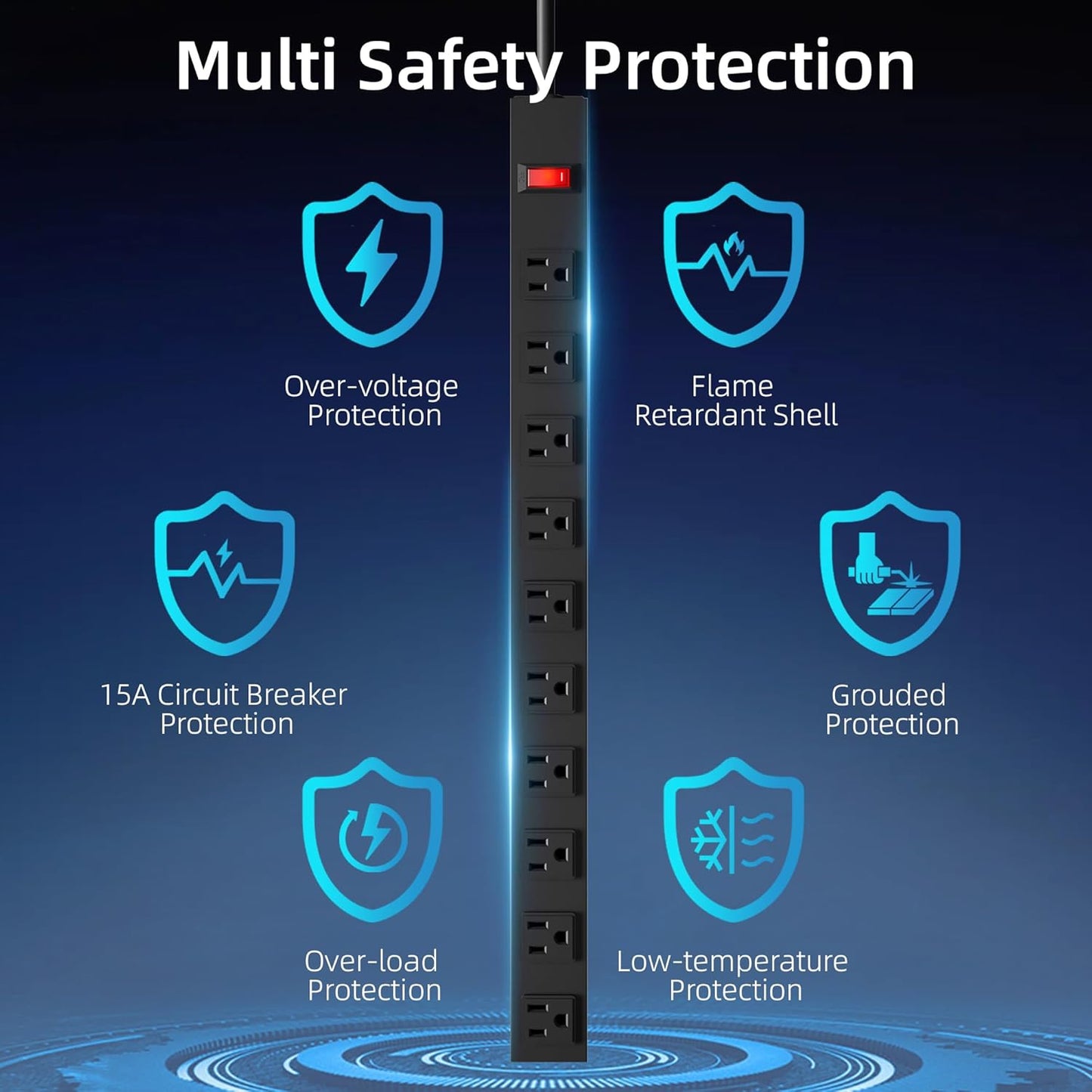 10 Outlet Metal Power Strip with 12Ft/125V/15A Long Extension Cord Black Heavy Duty Power Strip for Kitchen,Office,School,Commercial,Workshop,Industrial,ETL Certified and Listed,Black(12FT)