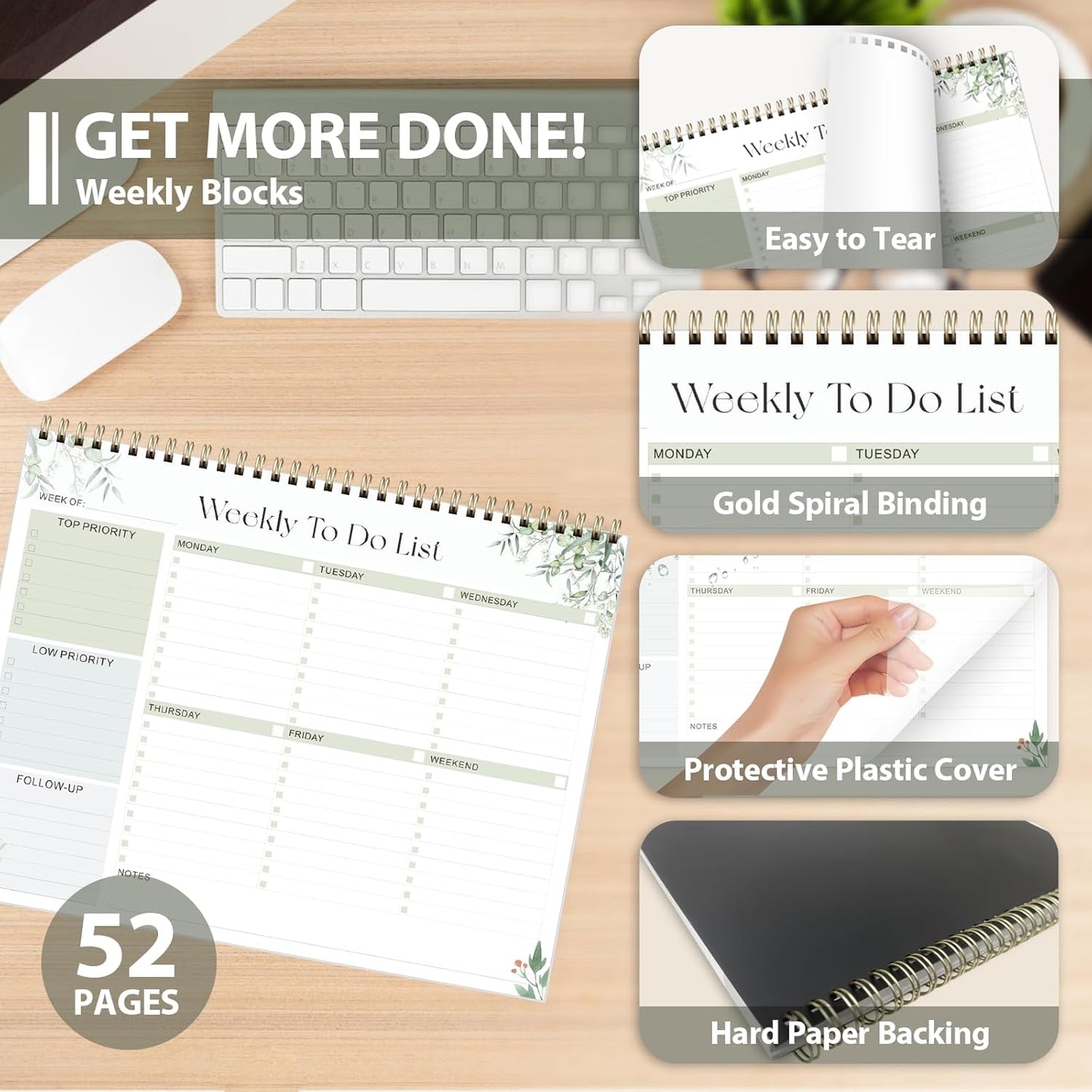 Weekly To Do List Notepad, Undated Planner with 52 Sheets (8.5''x11''), Desk Weekly Planner for Women & Man, Home School & Work