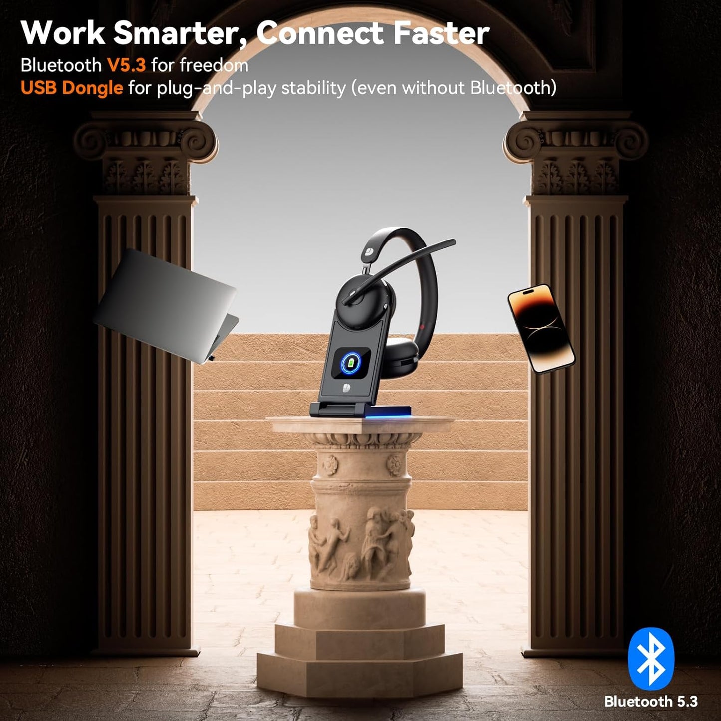 Wireless Headset with Mic for Work-Bluetooth 5.3 Headset with Noise Cancelling, Wireless Headsets with 65Hrs Battery & 10Min Fast Charge, Smart Dock with Digital Display for PC/Computer/Teams