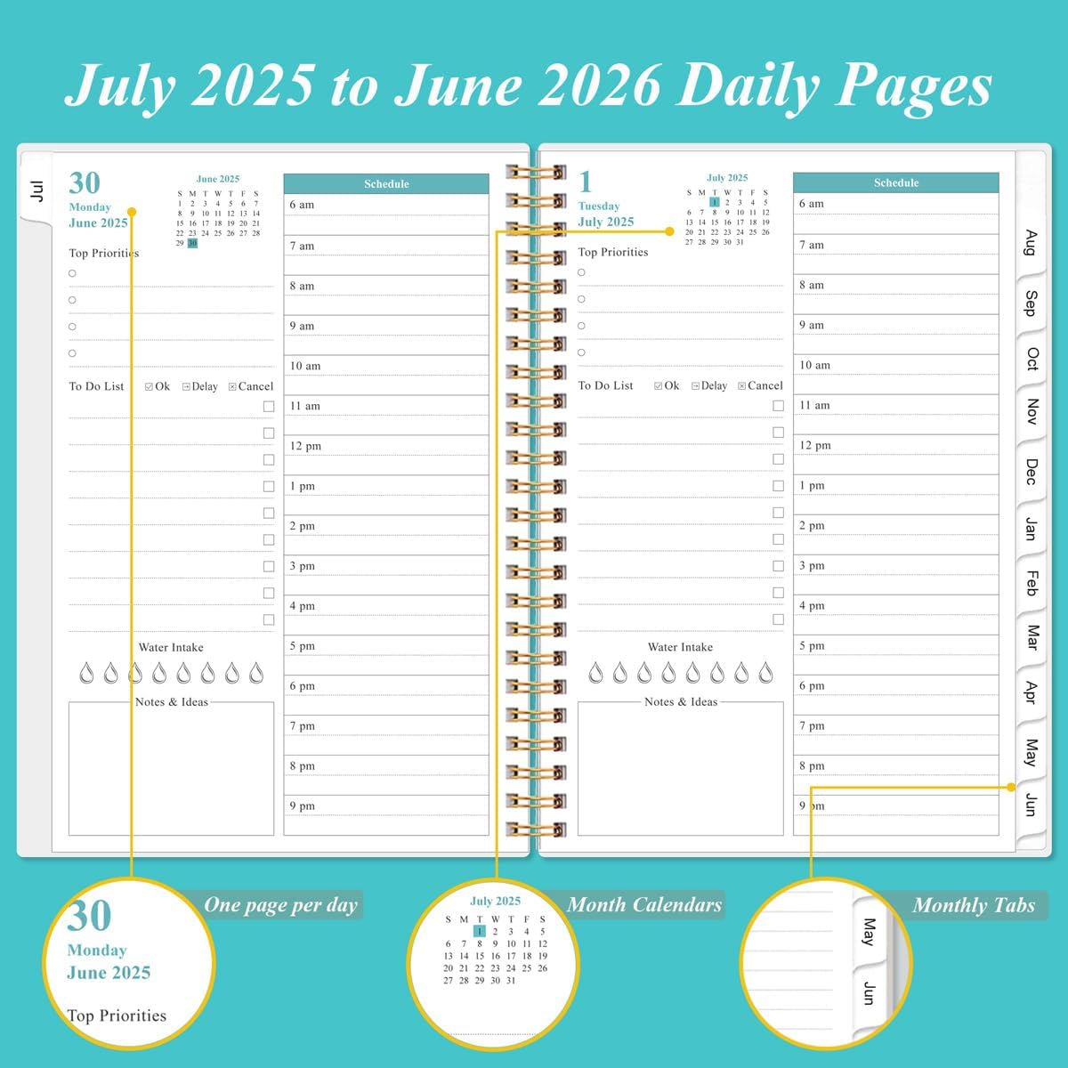 2025-2026 Daily & Monthly Planner - One Page Per Day, Daily Planner from July 2025 to June 2026, Planner 2025-2026 with 12 Monthly Tabs, 6.4" x 8.5", Rose Flower