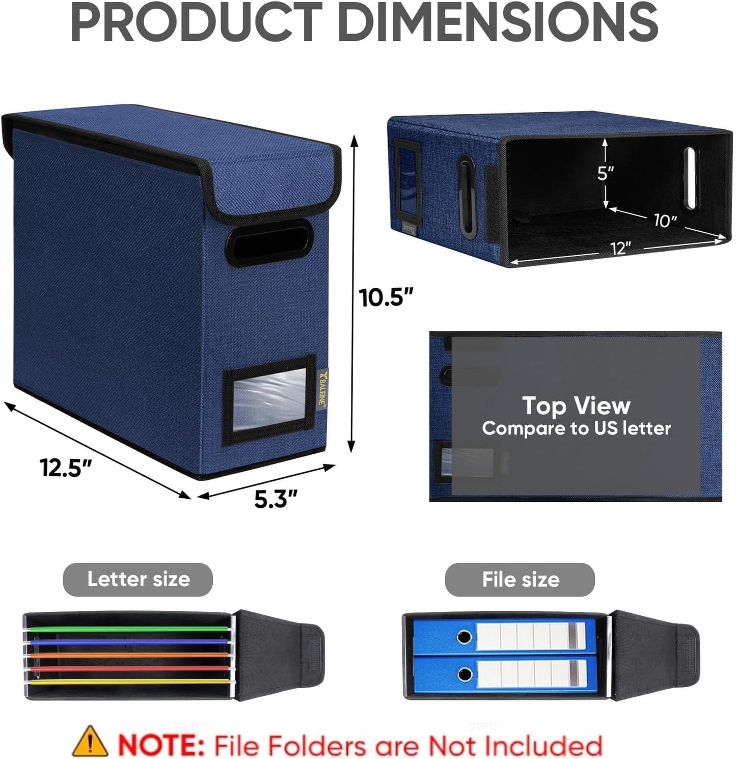 BALEINE File Organizer Box with Lid, Collapsible File Folder Organizer with Plastic Slide, Hanging File Folder Box for Office Document Storage (2 Pack, Blue, S)